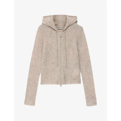 Allsaints Womens Mabel Distressed Knit Woven Hoody Pebble Grey In Neutral