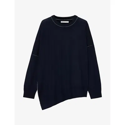 Allsaints Womens Martel Asymmetric-hem Wool Jumper Ink Navy Blue