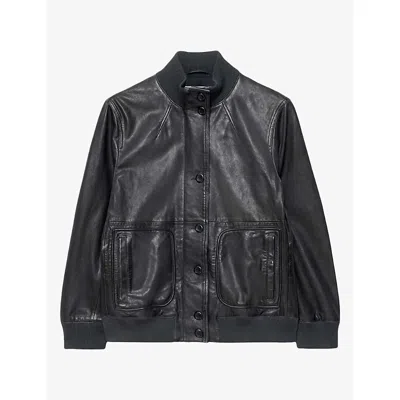 Allsaints Womens Memphis Relaxed-fit Leather Jacket Navy Blue In Black