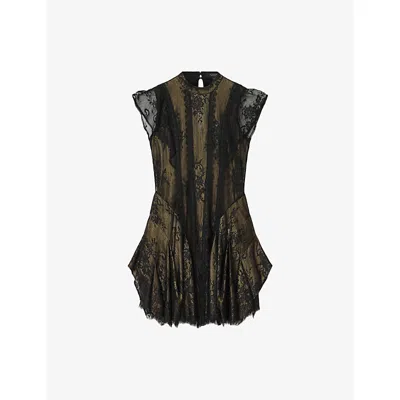 ALLSAINTS WOMENS METALLIC GOLD FLEUR HIGH-NECK LACE MINI DRESS