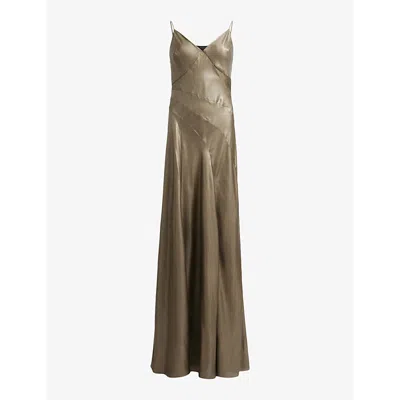 Allsaints Womens Metallic Gold Lili Metallic Panelled Woven Maxi Dress