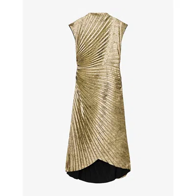 Allsaints Womens  Rayanna Pleated Woven Midi Dress In Gold