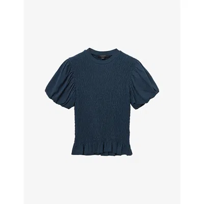 ALLSAINTS WOMENS DAEL PUFF-SLEEVE SLIM-FIT SMOCKED STRETCH-WOVEN TOP MIDNIGHT BLUE