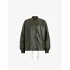 Allsaints Womens Military Green Sofie Relaxed-fit Ribbed-collar Leather Bomber Jacket