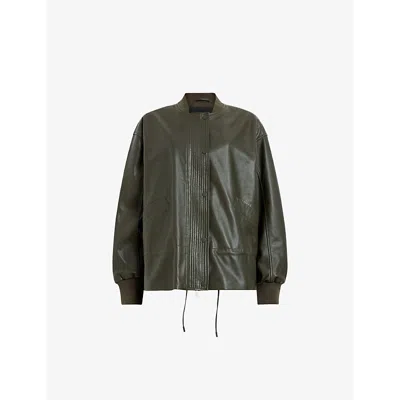 Allsaints Womens Military Green Sofie Relaxed-fit Ribbed-collar Leather Bomber Jacket In Military Green