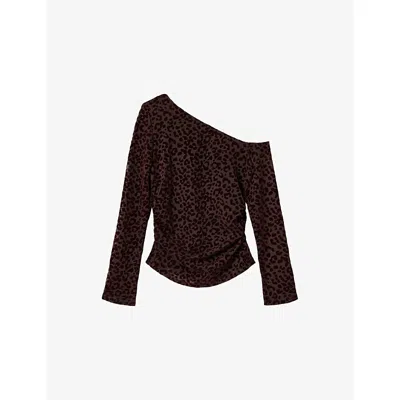 Allsaints Womens Mimi Off-the-shoulder Leopard Mesh Top Brown Flock Xs In Black