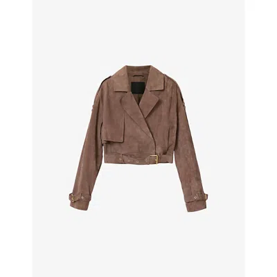ALLSAINTS WOMENS MOLE BROWN OPHELIA DROPPED-SHOULDER BELTED-WAIST SUEDE JACKET