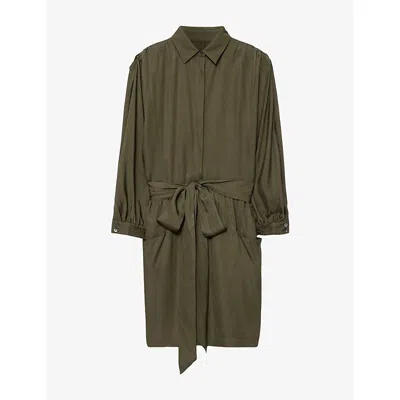 Allsaints Womens Noora Belted-waist Silk-blend Mini Dress Washed Khaki In Brown