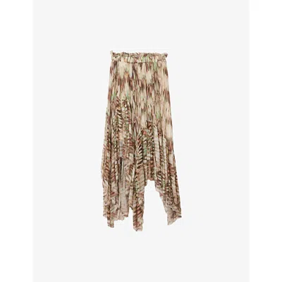 Allsaints Womens Oceano Soft Pi Danae Abstract-print Woven Midi Skirt In Brown