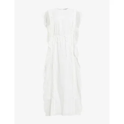 Allsaints Womens Off White Ola Lace-trim Cotton Midi Dress