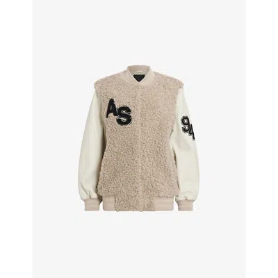 ALLSAINTS WOMENS OFF WHITE VALERIE LOGO-PATCH RELAXED-FIT SHEARLING JACKET