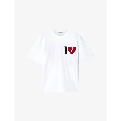 Allsaints Womens Optic White Heart Etta Heart-embroidered Cotton T-shirt Xs
