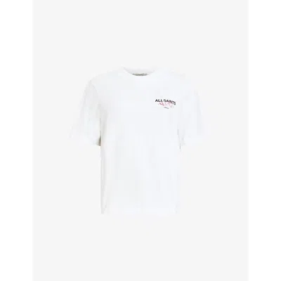 Allsaints Womens Optic White Round-neck Brand-print Cotton-jersey T-shirt