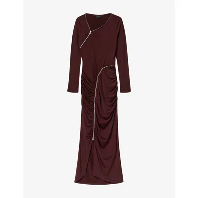 Allsaints Womens Oxblood Red Elsie Zip-detail Stretch-woven Maxi Dress In Burgundy