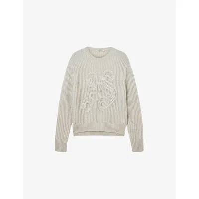 Allsaints Womens Pale Laurel Gr Chain Branded-motif Knitted Jumper In Gray