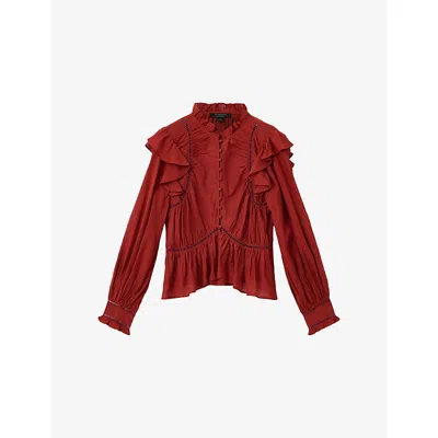 Allsaints Womens Paprika Red Lima Ruffle-neck Cotton-blend Blouse