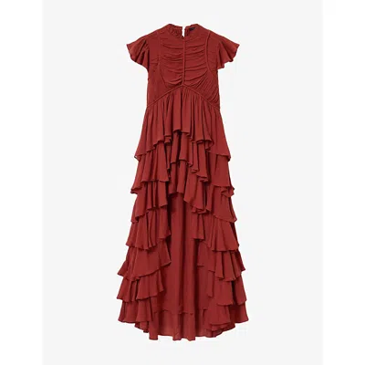 Allsaints Shaela Tiered Ruffle High-low Dress In Brown