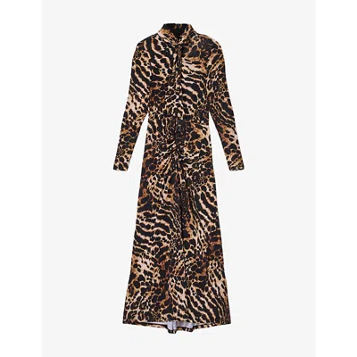ALLSAINTS WOMENS PARDUS HONEY B MINA LEOPARD-PRINT RUCHED-FRONT STRETCH-JERSEY MIDI DRESS