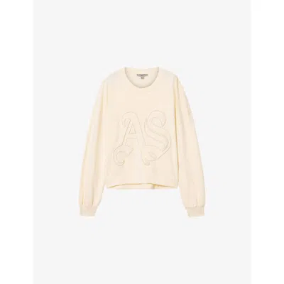 Allsaints Womens Pebble White Lila Logo-embroidered Cotton Sweatshirt In Neutral