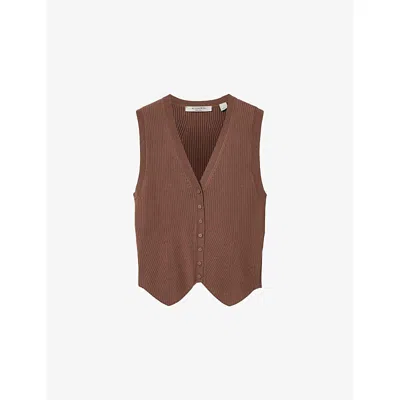 Allsaints Womens Penny Brown Cruz V-neck Ribbed Knitted Waistcoat