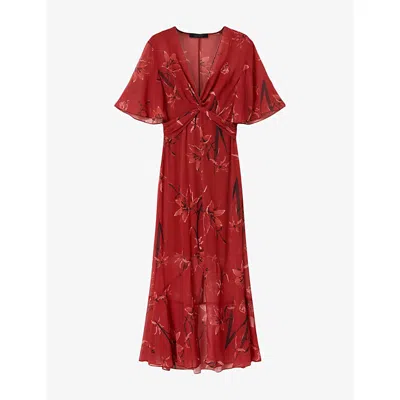 Allsaints Womens Petra Deep Red Mollie Floral-print Chiffon Midi Dress
