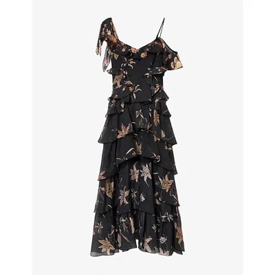 Allsaints Sienna Ruffled Floral-print Midi Dress In Multi