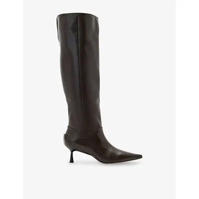Allsaints Womens Pine Bark Brow Odyssey Leather Heeled Knee-high Boots Eur 41 / 8 Uk In Black