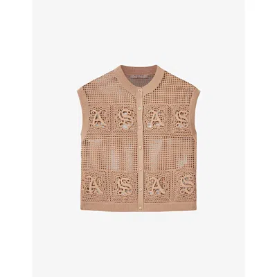 Allsaints Womens Plaster Pink Kyra Branded Cotton-crochet Waistcoat Xs In Brown