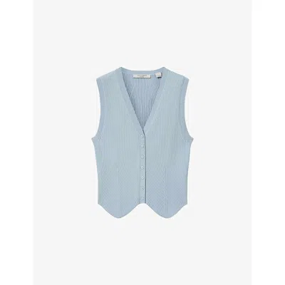 Allsaints Womens Quarry Blue Cruz V-neck Ribbed Knitted Waistcoat