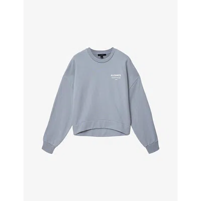 Allsaints Womens Quarry Blue Lila Branded Cotton-jersey Sweatshirt In Gray