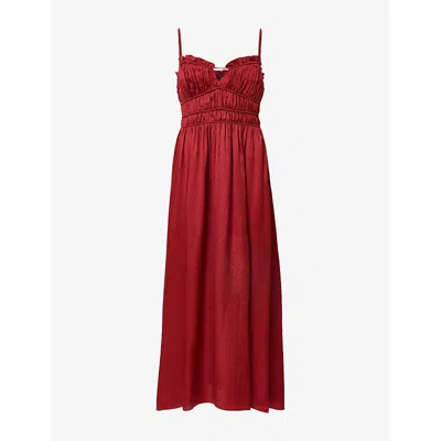 Allsaints Womens Faelyn Sweetheart-neck Ruched-bodice Silk Maxi Dress Rosewood Red