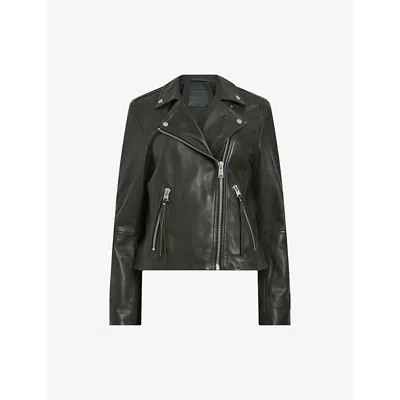 Allsaints Womens Rosin Green Dalby Regular-fit Cropped Leather Biker Jacket In Rosin Green