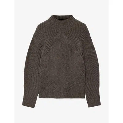 Allsaints Womens Sadie High-neck Wool-blend Jumper Fawn Brown In Burgundy