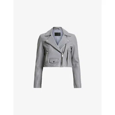 Allsaints Womens Elora Cropped Leather Jacket Silver Birch G