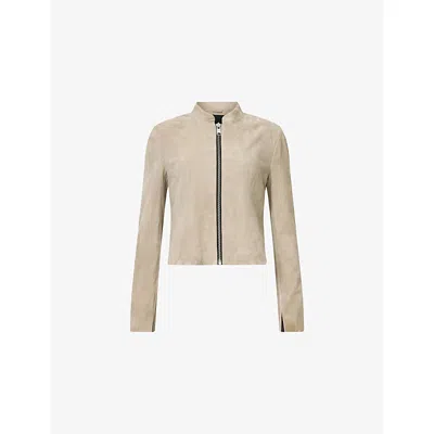 Allsaints Womens Sadler Round-neck Slim-fit Suede Jacket Silver Birch G