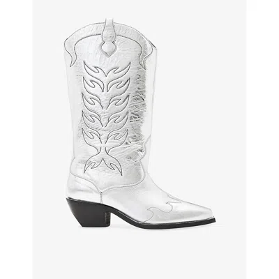 Allsaints Womens Silver Dolly Metallic-leather Heeled Knee-high Boots Eur 37 / 4 Uk