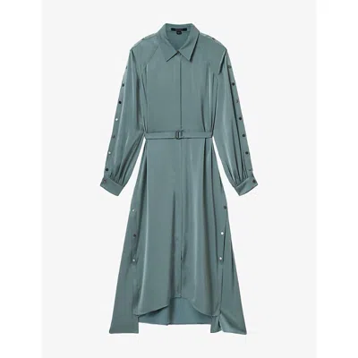 Allsaints Womens Steel Blue Lexi Asymmetric-hem Belted-waist Woven Midi Dress