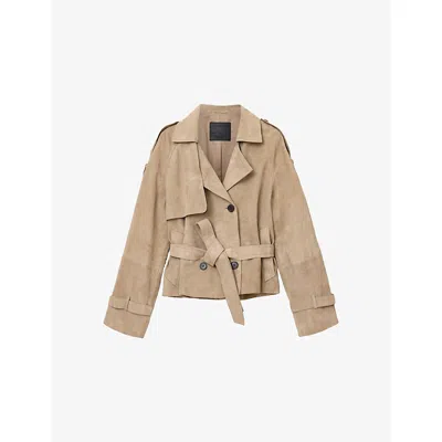 Allsaints Reed Short Belted Suede Trench Coat In Brown