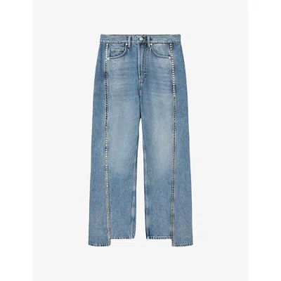 Allsaints Womens  Frankie Stud Wide-leg Jeans In Blue