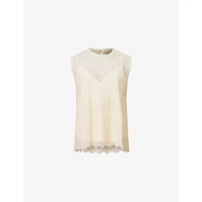 Allsaints Womens Vintage White Clara Lace-embroidered Scalloped-hem Woven Top