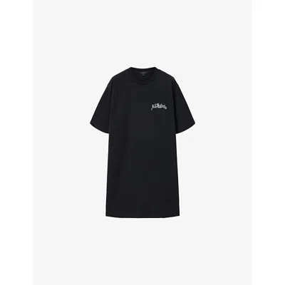 Allsaints Womens Washed Black Descent Branded-embroidered Cotton-jersey T-shirt Dress