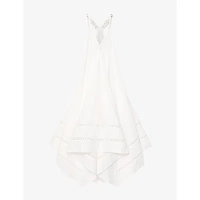 Allsaints Womens White Lil Embroidered-trim Asymmetric-hem Cotton Maxi Dress