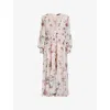 Allsaints Zora Floral Long Sleeve Tiered Midi Dress In Unity Ecru Whi