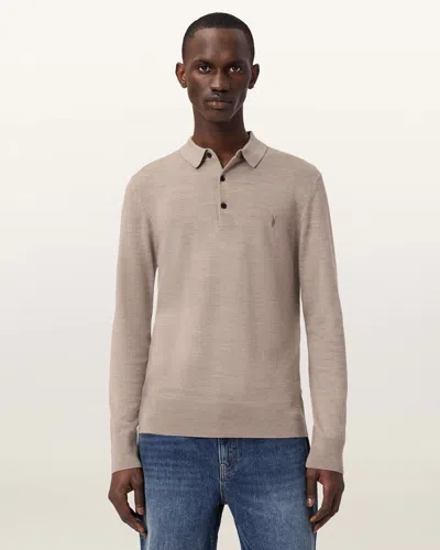 Allsaints Wool Mode Merino Long Sleeve Ramskull Polo Shirt In Neutral