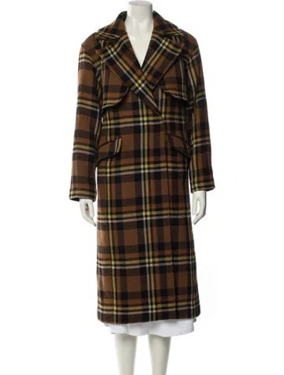 Pre-owned Allsaints Wool Plaid Print Peacoat In Brown
