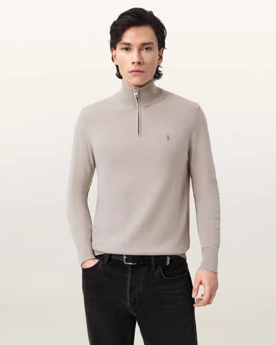 Allsaints Wool/polyamide Kilburn Zip Funnel Neck Ramskull Jumper In Gray