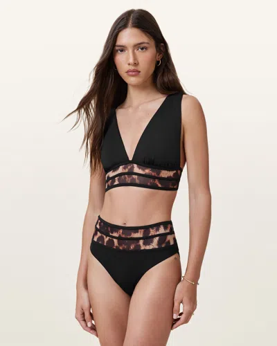 Allsaints Xalia Mesh Leopard Print Bikini Top In Black