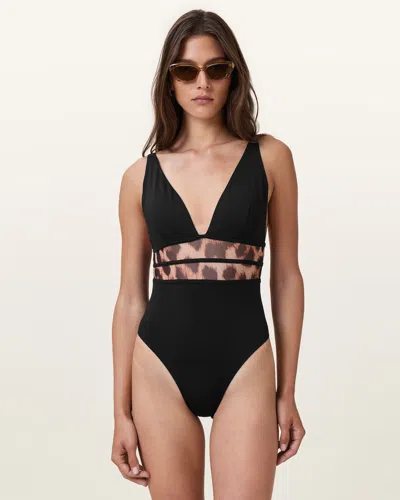 Allsaints Xalia Mesh Leopard Print Swimsuit In Black