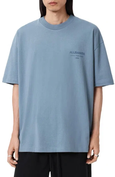 Allsaints Oversized Xander Logo Tee In Blue