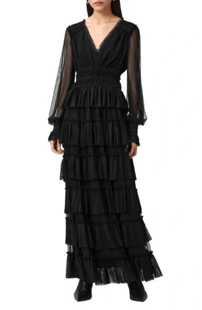 Allsaints Xantara Long Sleeve Tiered Dress In Black